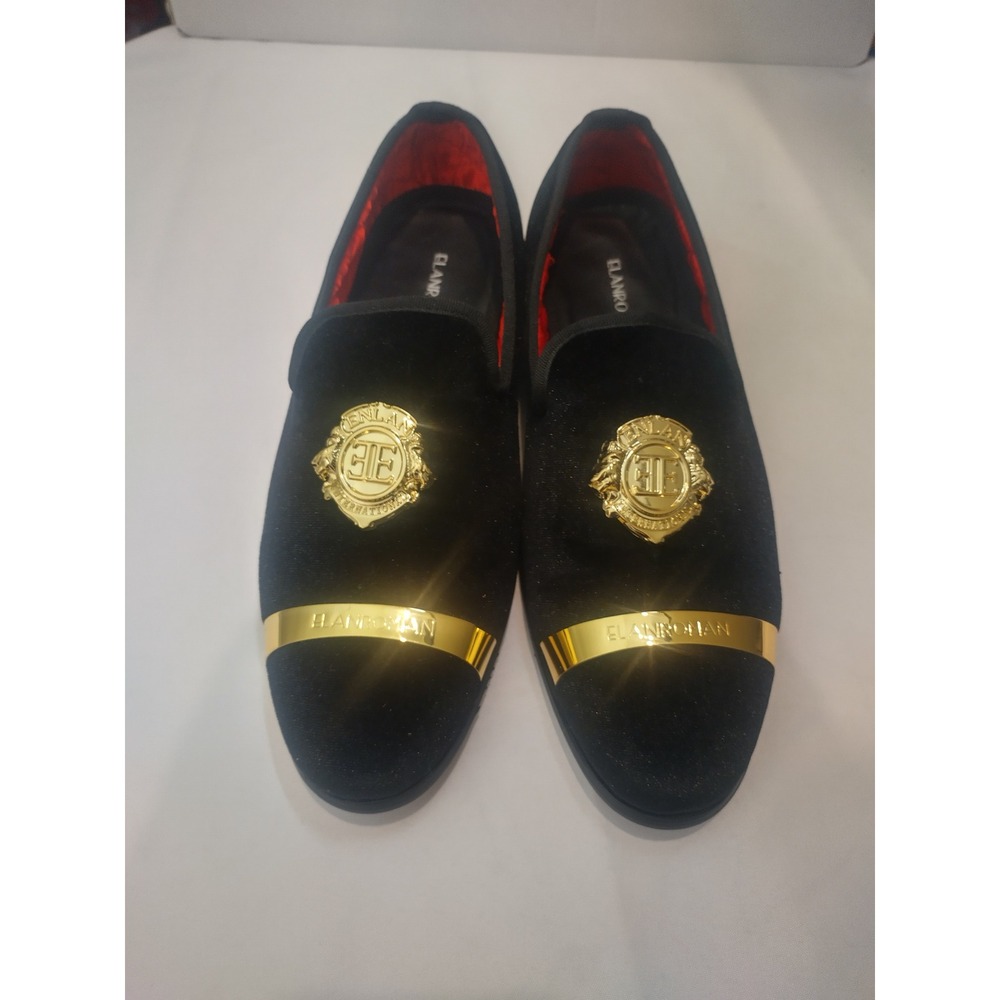 Elanroman Mens Black Velvet Loafers Gold Crest Metal Toe Dress Shoes Size 42 - Picture 3 of 8